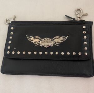Harley-Davidson Black Leather Studded Side Hip Purse with Metal Emblem